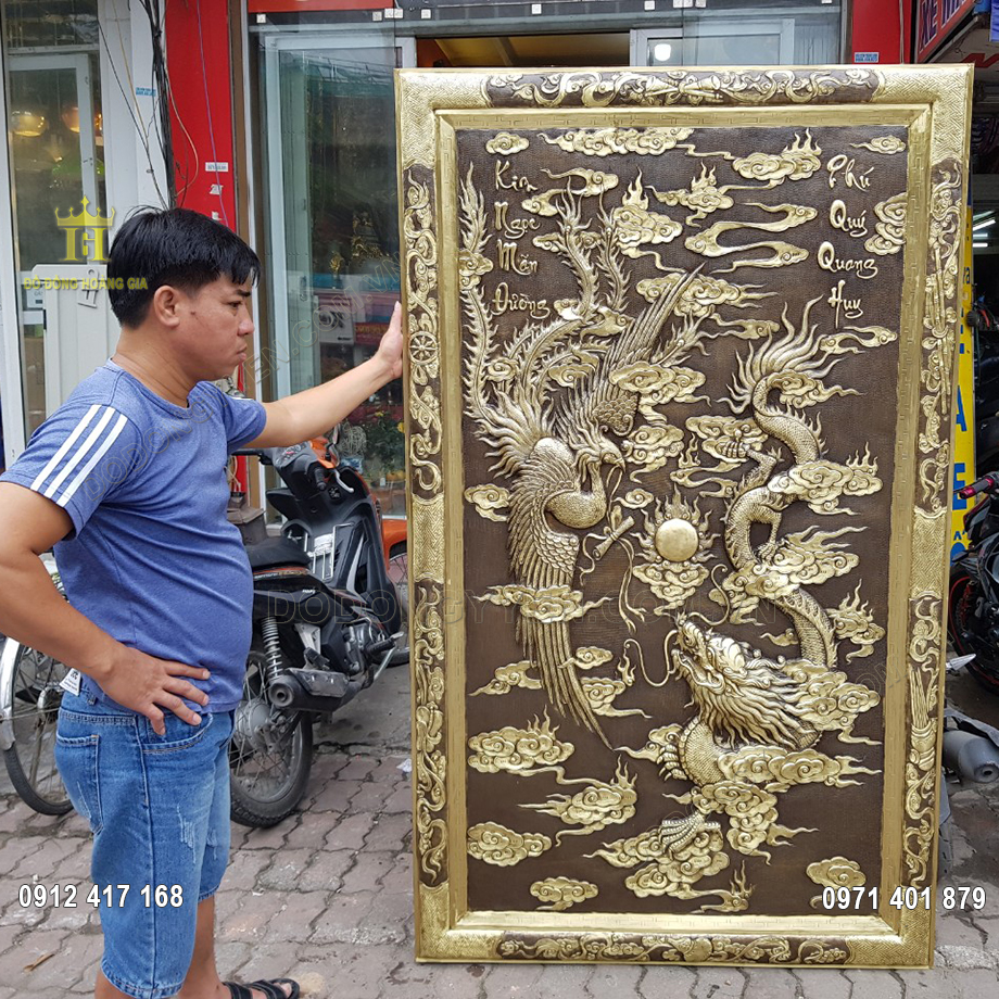 Tranh Đồng V&agrave;ng Long Phụng Hun Giả Cổ 2M